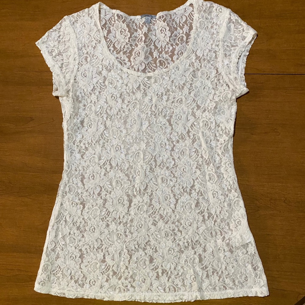 Charlotte Russe Ivory Floral Lace Short‎ Cap Sleeve Scoop Neck Top Blouse Y2K